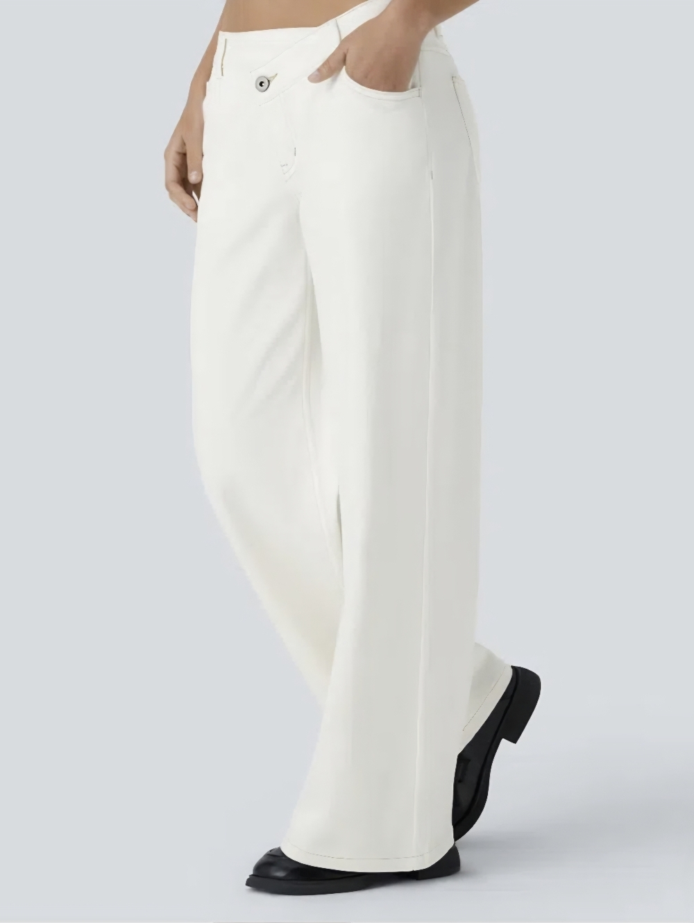 Halara Flex Asymmetric Low Rise Zipper Pockets Baggy Wide Leg Washed Jeans